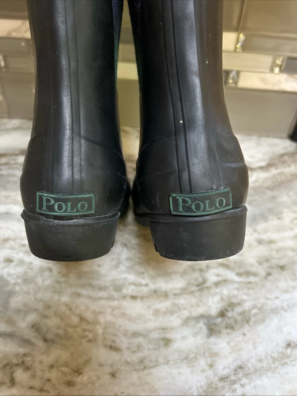 POLO Ralph Lauren Rain Boots Unisex Youth Girls/Boys Kids Navy Plaid  Sz 2. Good